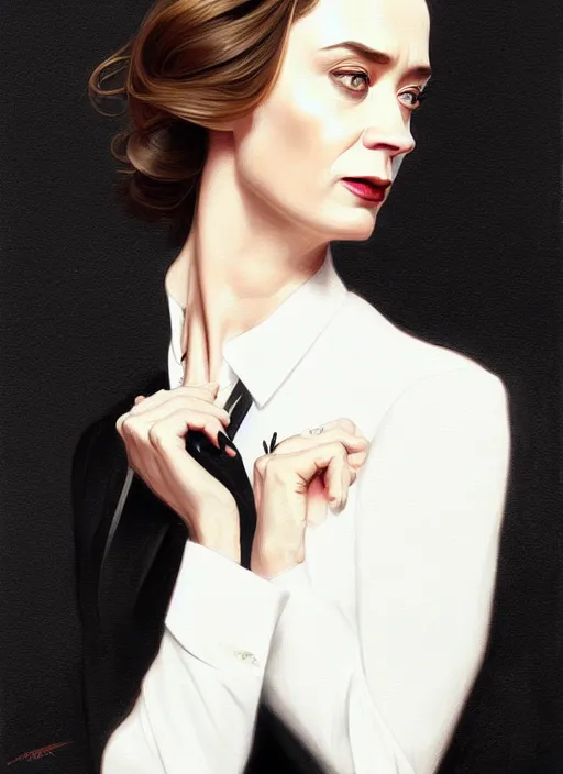 Prompt: portrait of a cat eyed emily blunt as business woman, black suit, white shirt, black tie, intricate, headshot, highly detailed, digital painting, artstation, concept art, sharp focus, cinematic lighting, illustration, art by artgerm and greg rutkowski, alphonse mucha, cgsociety