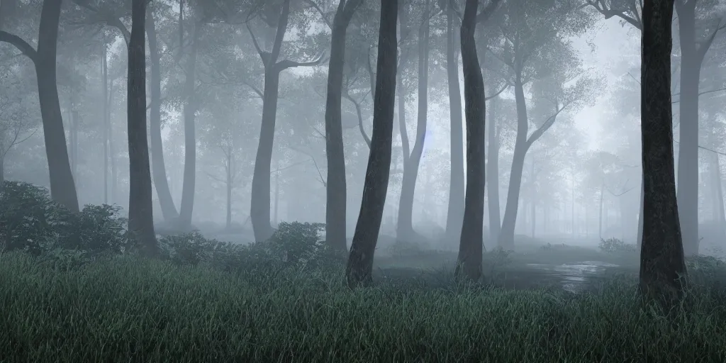 Image similar to forest, unreal engine, 4k, misty, rain