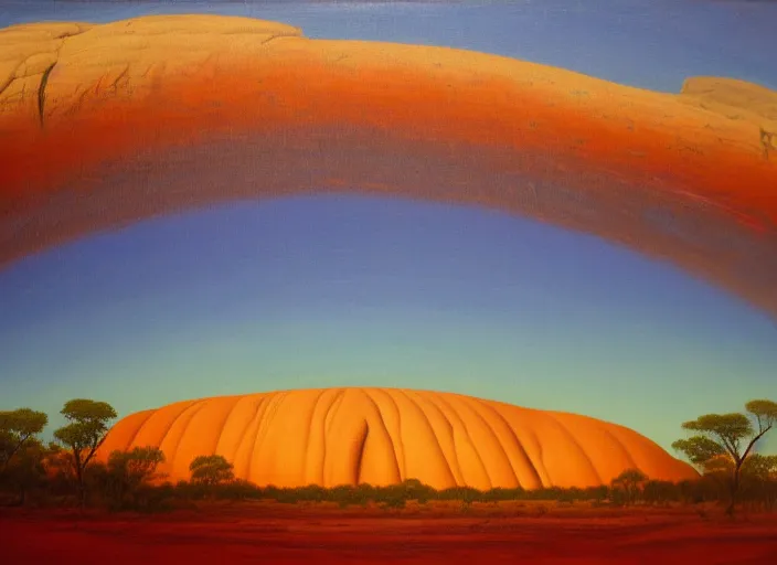 Prompt: uluru, australia in the style of hudson river school of art, oil on canvas