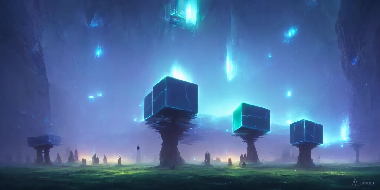 Image similar to a fleet of giant glowing futuristic cubes tied to each other with glowing light tubes in the sky, a fantasy magical landscape seen in the distance, atmospheric lighting, intricate, volumetric lighting, beautiful, sharp focus, ultra detailed, in the art style of marc simonetti, bowater charlie and brom gerald, astrophotography