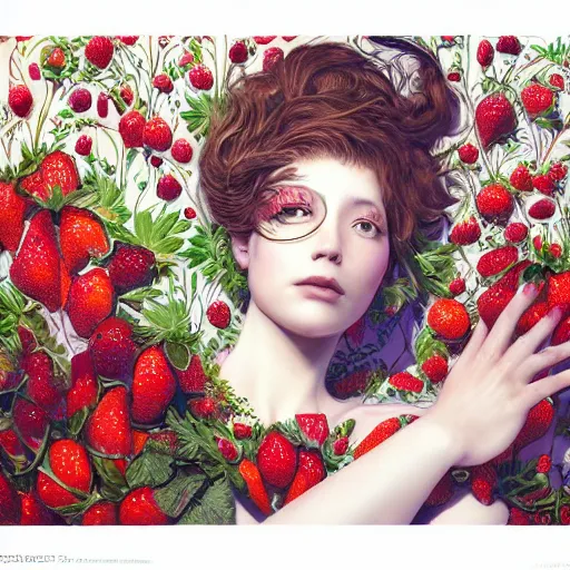 Image similar to the portrait of an absurdly beautiful, graceful, elegant, sophisticated woman made of strawberries and green petals looking up, an ultrafine hyperdetailed illustration by kim jung gi, irakli nadar, intricate linework, bright colors, octopath traveler, final fantasy, unreal engine 5 highly rendered, global illumination, radiant light, detailed and intricate environment