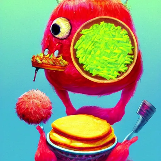 Image similar to a tennis ball monsters eating pancakes, colorful, digital art, fantasy, magic, chalk, trending on artstation, ultra detailed, professional illustration by basil gogos