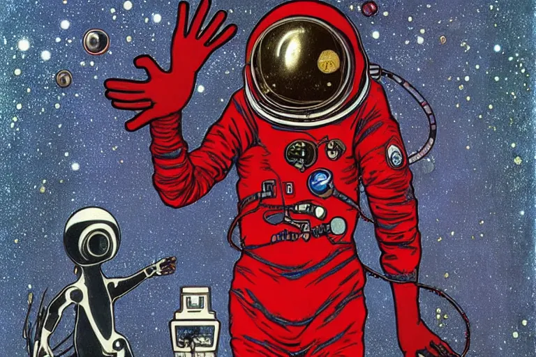 Prompt: the last astronaut red and black suit, holding a small alien corpse with only one hand, walking in post-apocalyptic Neptune Hills, style hybrid mix of Jirí Petr+Romi Lerda+ Sandra Pelser,Yves Tanguy+ Alphonse Mucha+ Ernst Haeckel+ Edward Robert Hughes+Stanisław Szukalski , moody colors,diamond dust glitter and sparkles, holographic krypton ion,red eyes,octane render,4k, ighly detailed, hyperrealism, excellent composition, cinematic concept art, dramatic lighting, trending on ArtStation