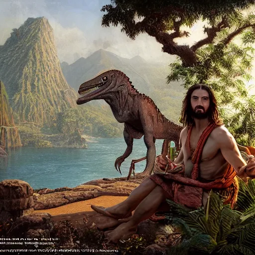 Image similar to a detailed matte painting of a ridiculously good looking jesus who is best friends forever with a velociraptor, elegant ancient greek dress, jungle as the background, drinking a martini, very detailed, beautiful, intricate, art by greg rutkowski and robert e howard, octane render