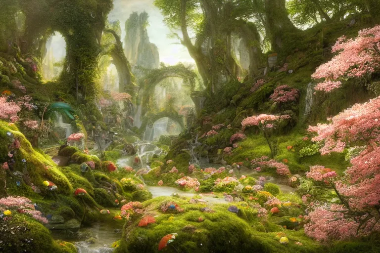 Prompt: a beautiful and highly detailed digital painting of a gateway to fairyland, hills, toadstools, ruins, deep forest, liminal space, sakura blossom. intricate details, epic scale, hyperrealism,, artstation, cgsociety, 8 k, sharp focus, by caspar friedrich, albert bierstadt, james gurney, brian froud,