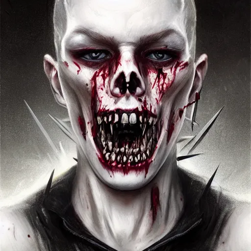 Image similar to portrait painting of a sneering biker with pale skin and spiked hair drinking blood from a skull goblet sharp focus, ultra realistic, concept art, intricate details, eerie, highly detailed, photorealistic, octane render, 8 k, unreal engine. art by artgerm and charlie bowater and greg rutkowski