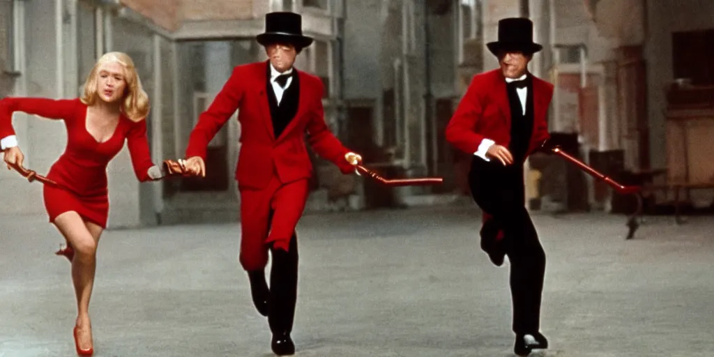 Image similar to a film still of a 70s movie of a blonde young woman wearing a red dress running of a man holding a cane wearing black suit and a bowler hat with a monstrous hat