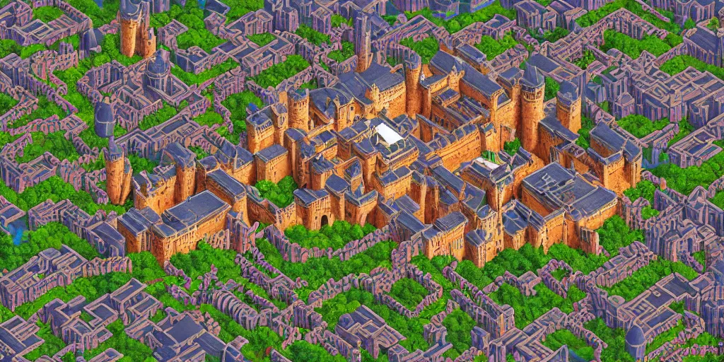 Image similar to Beautiful rectangular walled city state with castle at the top. In style of Lee Myung-jin, Korean MMORPG, manhwa, Ragnarok Online, epic, professional art, digital art, 8K, view from above.