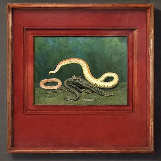 Prompt: A beautiful mixed media art of a snake eating its own tail that seems to go on forever. orpist by Albert Bierstadt, by Cornelia Parker lively