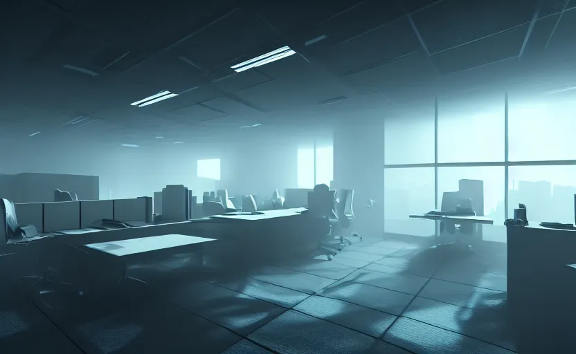 Image similar to office, horror scene, fluorescent lighting, eerie volumetric lighting, futuristic atmosphere, intricate, detailed, photorealistic imagery, artstation