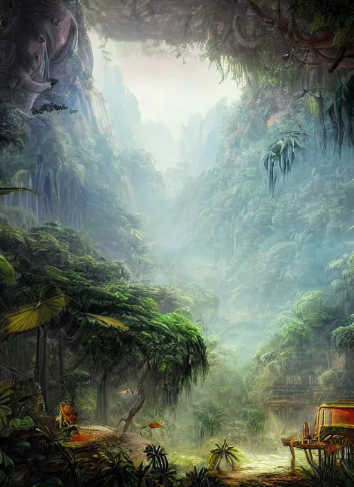 Prompt: a beautiful painting of the jungle in the morning with lots of smoke, fantasy art, matte painting