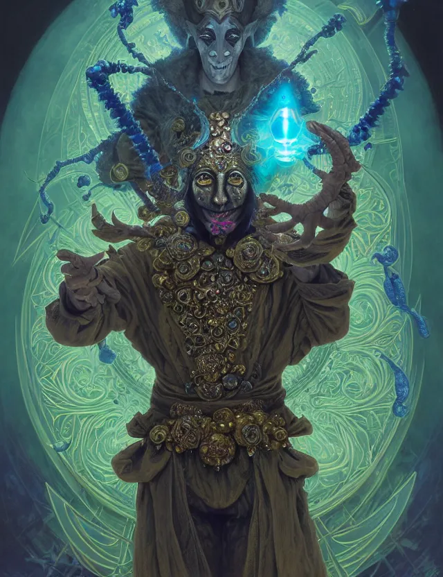 Image similar to front shot of a court jester character, hyperdimensional, bioluminescent hypercubes, dark holography!!!, (((intricate))), elegant, highly detailed, centered, (((artstation, concept art, smooth, sharp focus, artgerm, Tomasz Alen Kopera, Peter Mohrbacher, donato giancola, Joseph Christian Leyendecker, WLOP, Boris Vallejo))), mugshot!!!!!, ugly!!!!!!, octane render, nvidia raytracing demo, octane render, nvidia raytracing demo, octane render, nvidia raytracing demo, grainy, muted, 8K, digitalblasphemy, metatron