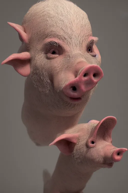 Image similar to a pig with a human face poses for a portrait, creepy, unsettling, scary, nightmare, intricate, hyper detailed, accent lighting, dramatic light, 4 k octane render