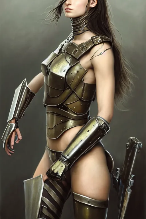 Image similar to a photorealistically painted portrait of an attractive young girl, partially clothed in dull metal-plated battle armor, olive skin, long dark hair, beautiful bone structure, symmetric facial features, perfect eyes, natural physique, intricate, elegant, digital painting, concept art, finely detailed, beautifully illustrated, sharp focus, minimal artifacts, from Metal Gear, by Ruan Jia and Mandy Jurgens and Artgerm and William-Adolphe Bouguerea, in the style of Greg Rutkowski, trending on Artstation, award winning