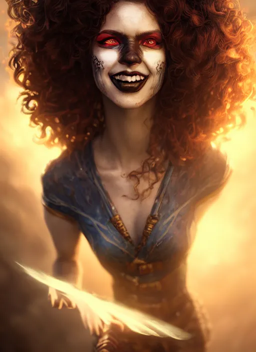 Image similar to an epic fantasy comic book style portrait painting of a girl wearing fantasy makeup with a mischievous smile and curly brown hair stepping out of a doorway with light shining behind her, unreal 5, daz, hyperrealistic, octane render, cosplay, rpg portrait, dynamic lighting