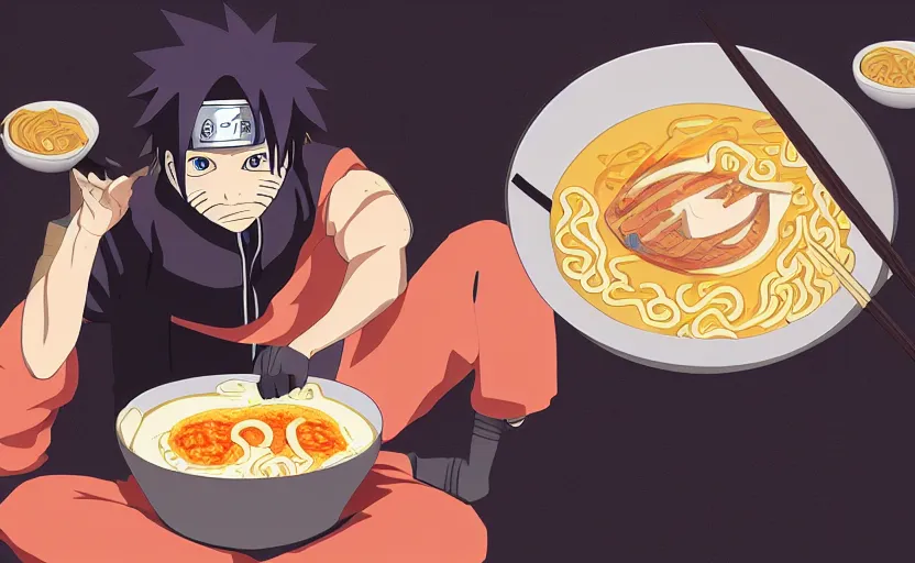 Prompt: Naruto eating a bowl of Ramen after a long day of training, digital art, 4k, anime wallpaper