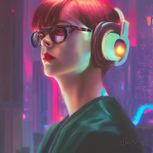 Image similar to cyberpunk velma dinkley, oil painting, intricate, detailed, volumetric lighting, scenery, digital painting, highly detailed, artstation, sharp focus, illustration, concept art,