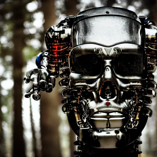 Image similar to super detailed portrait of a terminator's head, packed with cybernetics and and borg enhancements. In a forest with bokeh.