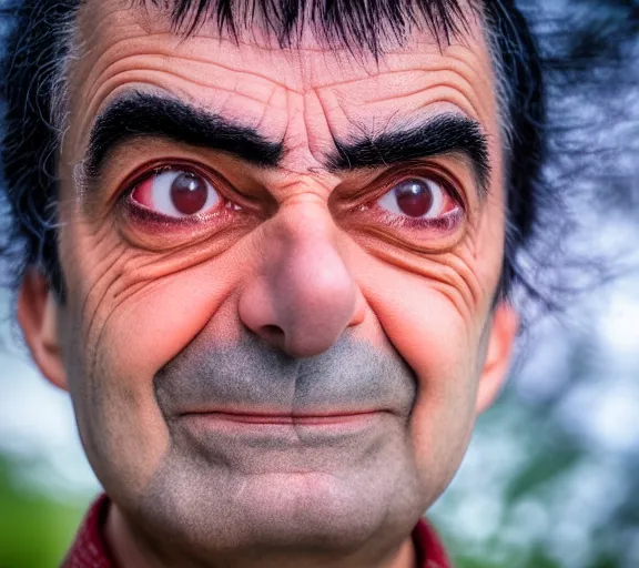 Prompt: award winning 5 5 mm close up portrait photo of mr bean as songoku, in a park by luis royo. soft light. sony a 7 r iv
