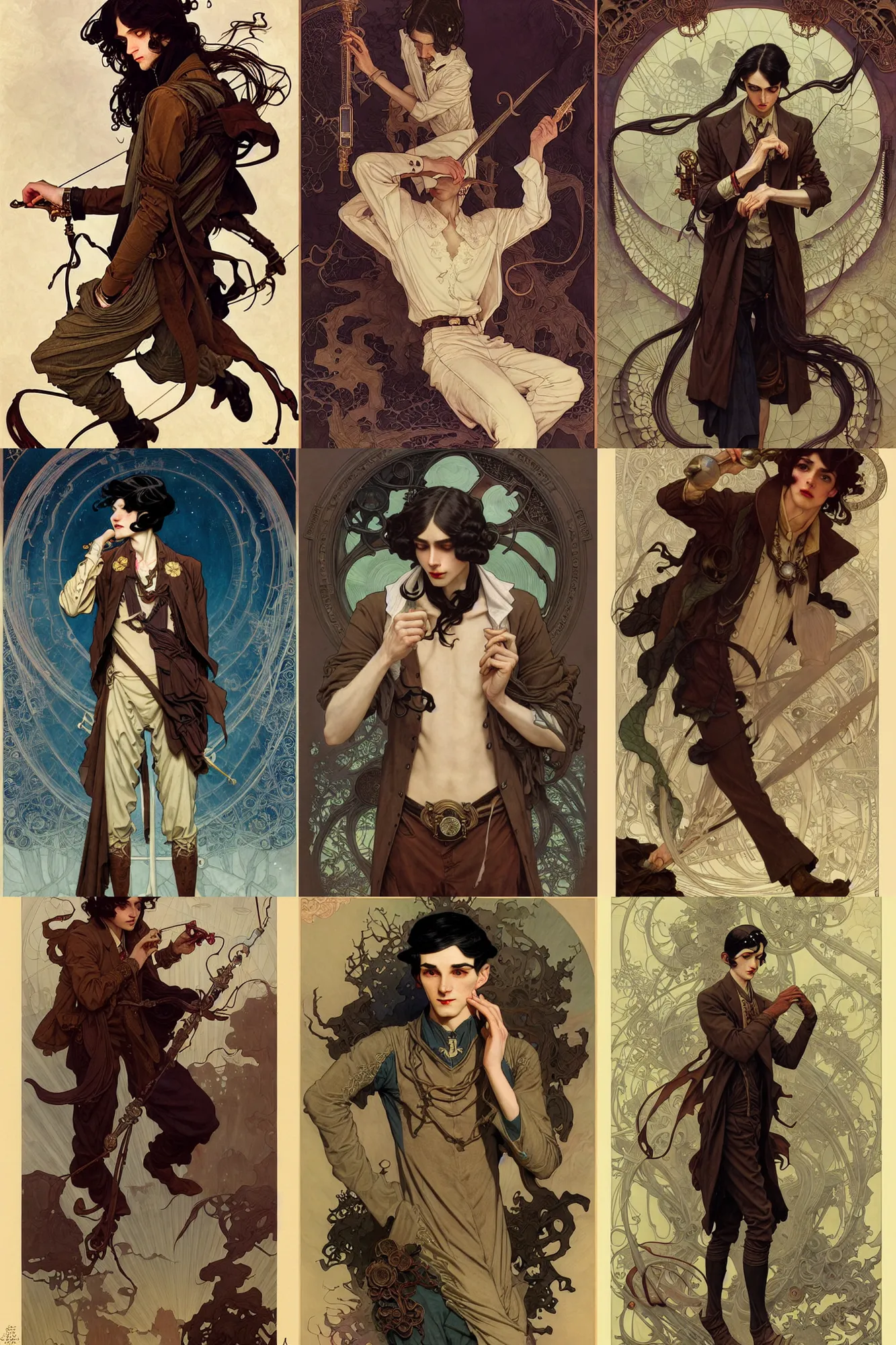 Prompt: thin young male alchemist, long dark hair, 1 9 2 0 s fashion, fantasy, highly detailed, intricate, smooth, art by joseph leyendecker, peter mohrbacher, ruan jia, marc simonetti, ayami kojima, cedric peyravernay, alphonse mucha, victo ngai, xision wu