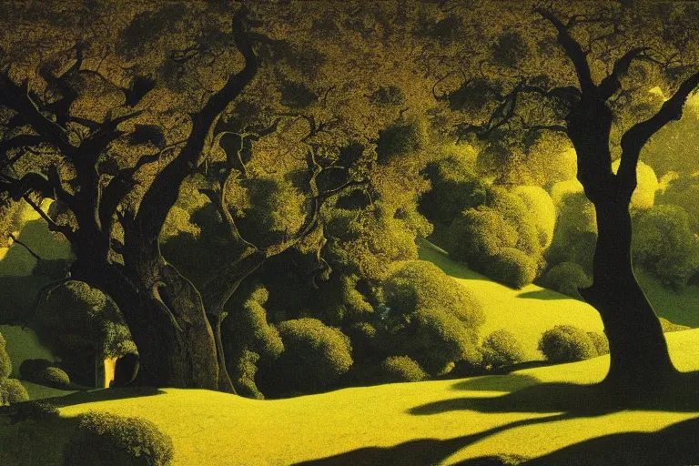 Image similar to masterpiece painting of oak trees on a hillside overlooking a creek, dramatic lighting, by maxfield parrish