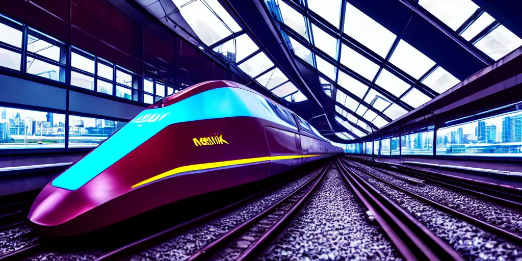 Prompt: cyberpunk maglev train riding though futuristic station, futuristic cityscape in background, gorgeous lighting and metallic reflection, eurostar, maroon and blue accents, 8k, high detail