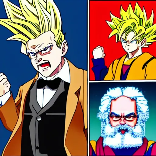 Image similar to Karl marx portrayed as a super sayan in Dragon Ball Z