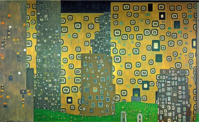 Prompt: geometric painting of industrial buildings surrounded by undergrowth by gustav klimt