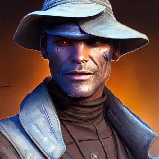 Image similar to Cad Bane from Star Wars, diffuse lighting, fantasy, intricate, elegant, highly detailed, lifelike, photorealistic, digital painting, artstation, illustration, concept art, smooth, sharp focus, art by John Collier and Albert Aublet and Krenz Cushart and Artem Demura and Alphonse Mucha