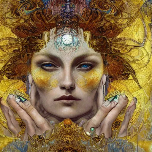 Image similar to Divine Chaos Engine by Karol Bak, Jean Deville, Gustav Klimt, and Vincent Van Gogh, beautiful visionary mystical portrait, sacred, otherworldly, fractal structures, ornate gilded medieval icon, third eye, spirals, handless, no hands