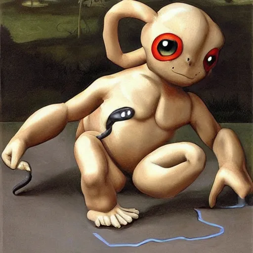 Prompt: Pokemon Geodude rolling a puddle painted by Caravaggio. High quality.