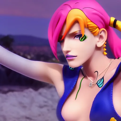 Image similar to cinematic scene with bella thorne as jolyne from jojo's bizarre adventure, stone ocean, dramatic, small details, volumetric lighting, still frame