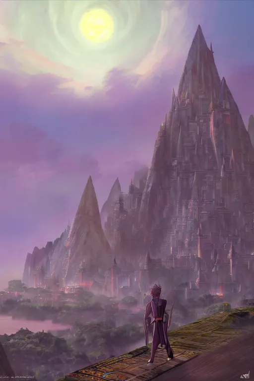 Image similar to the city of vivec in morrowind, dark elves and khajit walking around, 4 k digital paint by studio ghibli hayao miyazaki. vivid colours, vaporwave lighting style, very sharp and detailed. trending on artstation and behance.