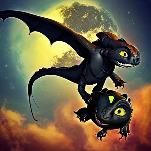 Image similar to “ creature in the style of how to train your dragon holding laser gun, floating alone, with a black background, digital art, award winning, trending on art station, retro style ”