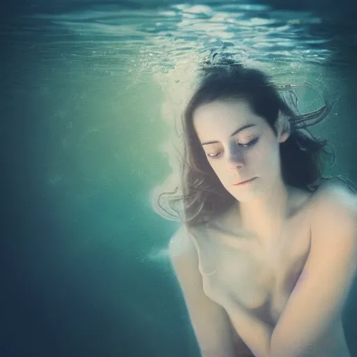 Image similar to portrait of a beautiful girl + kaya scodelario, floating under the deep dream water, beautiful smooth soft light + white petal, by personal photography, art by brookskim, closeup, 4 k, highly detailed, instagram,