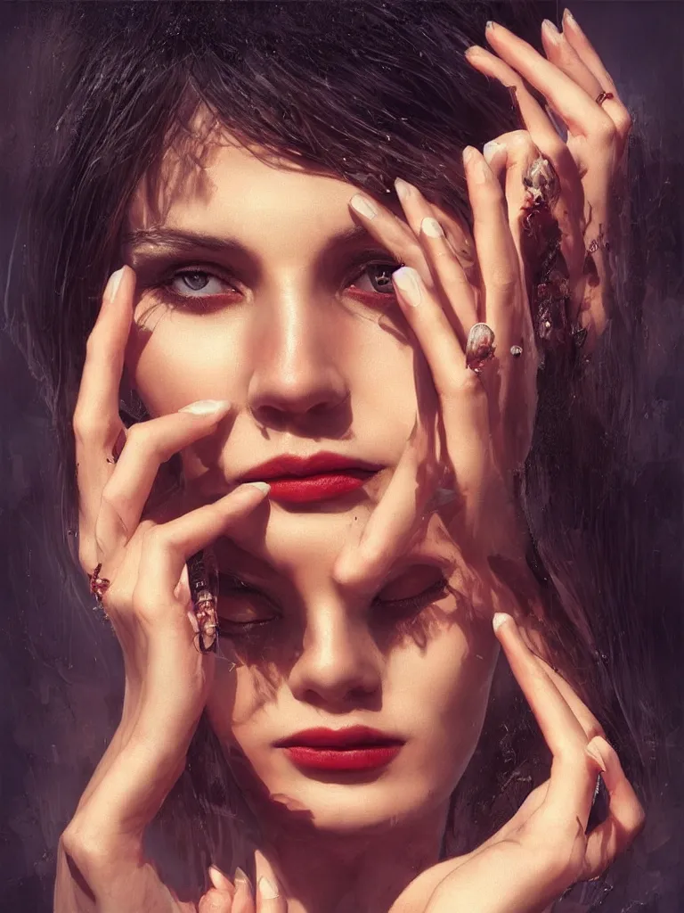 Prompt: instagram photo of a beautiful russian girl with short dark hair, pierced nose and very long fingernails, by karol bak, photography, lens flare, warm color palette, 4 k, lumen reflections