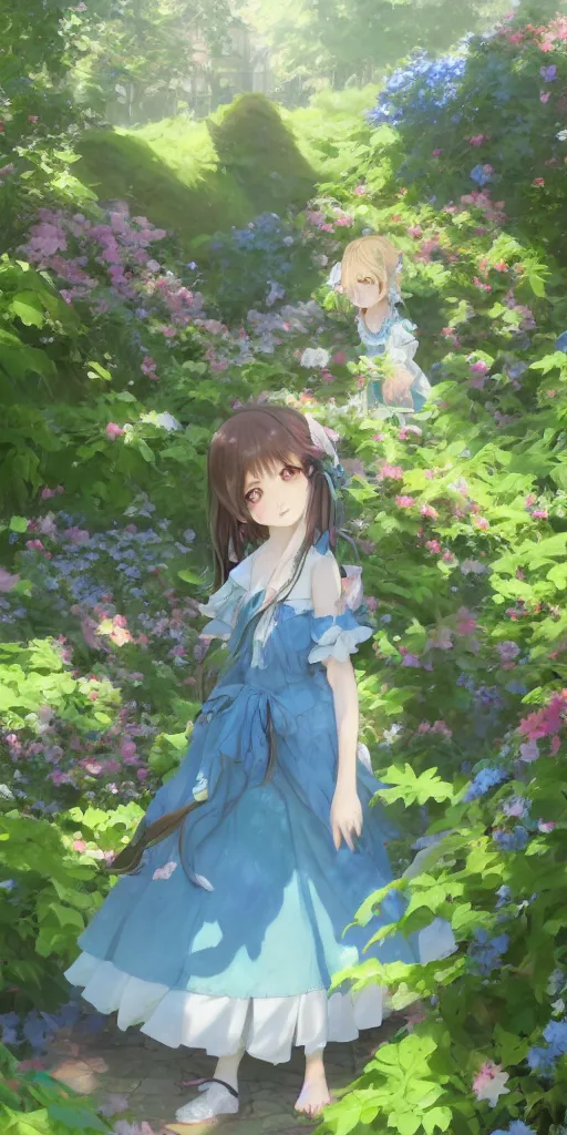 Prompt: a digital art of a loli with long hair in a dress in the privet garden at after noon, green and warm theme, blue flowers accents, back lighting, by krenz cushart and akihito yoshida and greg rutkowski and makoto shinkai, highly detailed, 4 k resolution, trending on art station