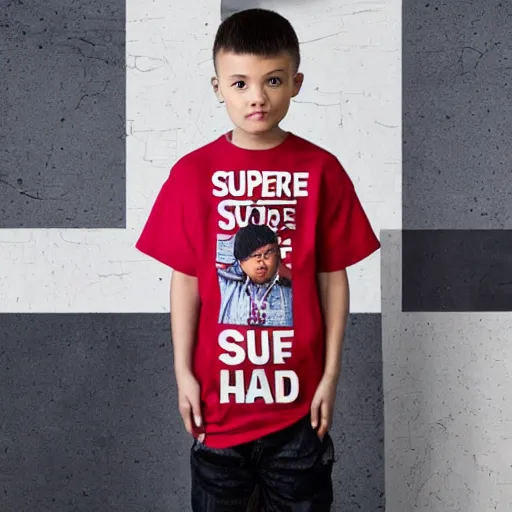 Image similar to short kid wearing a supreme shirt, detailed, studio