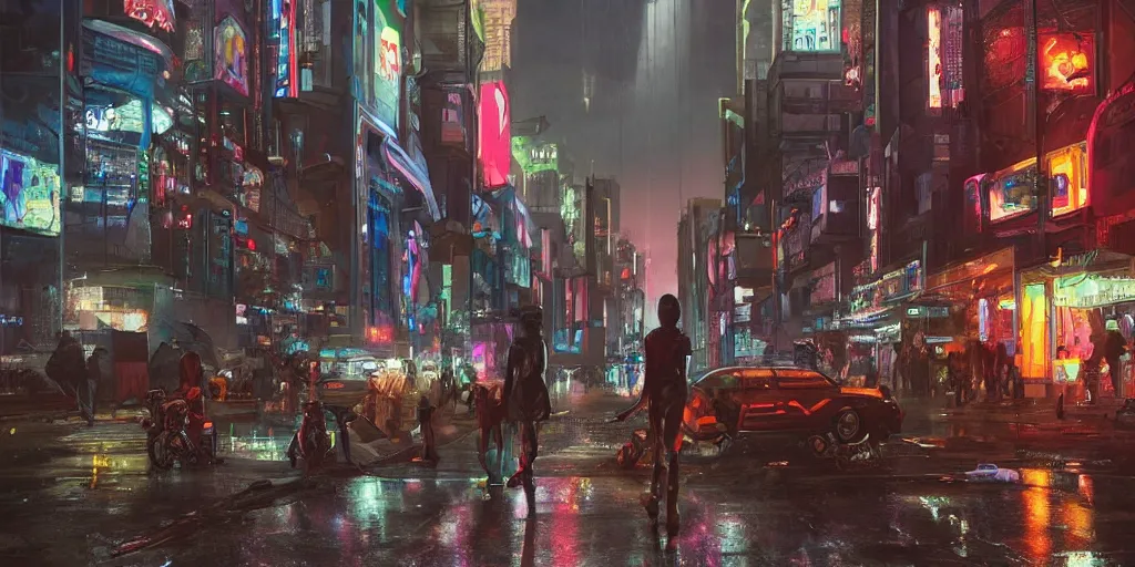 Prompt: a cinematic hyper - realistic reimagination of an african cyberpunk street during a rainy night by adam baines