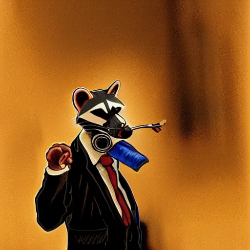 Image similar to a racoon wearing a suit smoking a cigar on his mouth, dramatic lighting, cinematic, establishing shot, extremly high detail, photorealistic, cinematic lighting, artstation, style by James Gurney