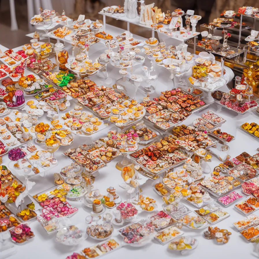 Image similar to a table with a white map full of sweets and bite sized deserts. highly detailed 8 k. intricate. nikon d 8 5 0 3 0 0 mm. award winning photography.