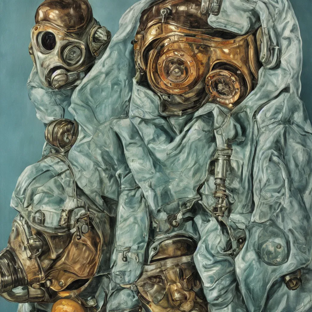 Prompt: high quality high detail painting by lucian freud, jenny savile, scifi soldier with gas mask, turquoise, hd