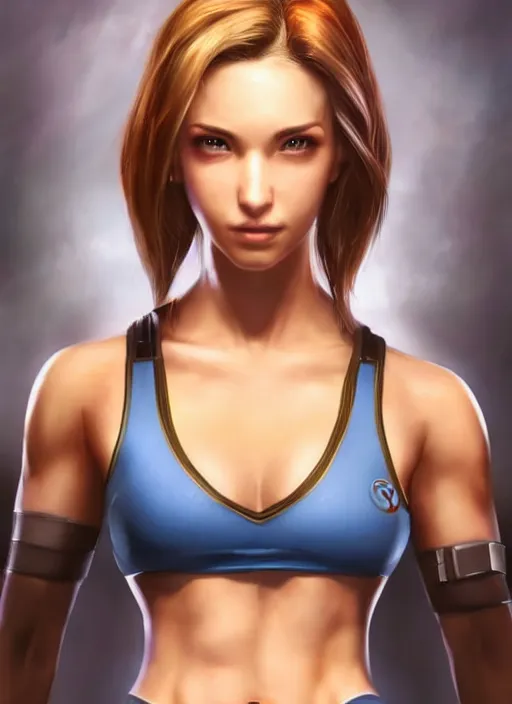 Image similar to beautiful portrait of a gorgeous personal trainer who looks like Jill Valentine , character design by Ross Tran, artgerm detailed, soft lighting