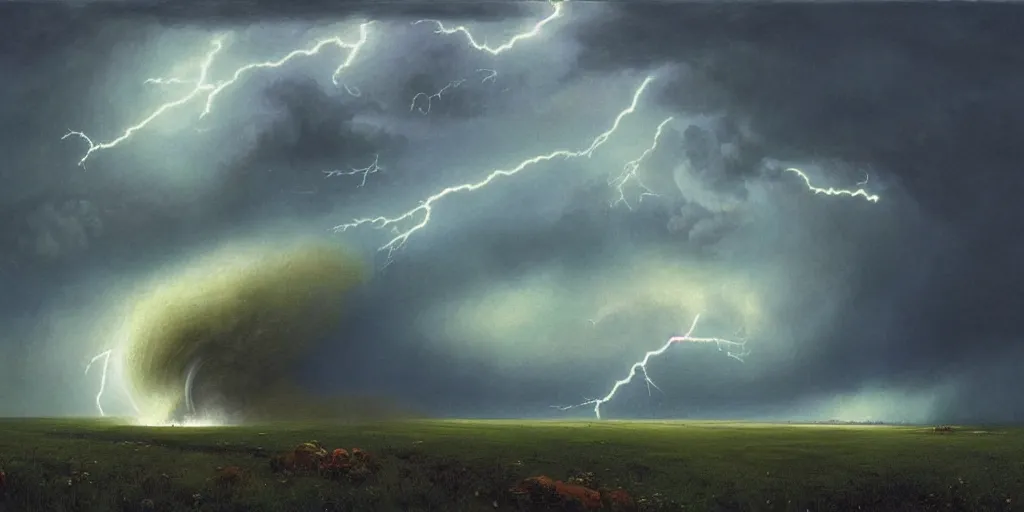 Image similar to a raging storm over a meadow with lightning ripping open an iridescent portal to blue skies behind, illustration, detailed, smooth, soft, warm, by Adolf Lachman, Shaun Tan, Surrealism