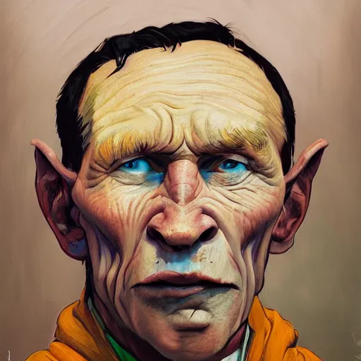 Prompt: a portrait of a highly educated orc, in the style of banksy, van gogh, atey ghailan and steve mccurry, vibrant colors and hard shadows and strong rim light, lucien freud, comic cover art, trending on artstation