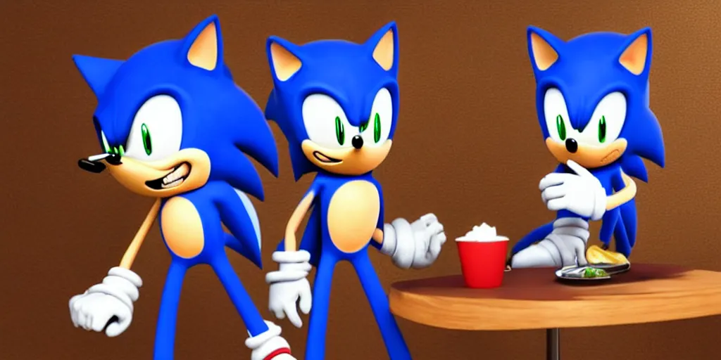 Image similar to A render of Sonic sitting across from Shadow at a restaurant, Sonic looks like he is shocked, Shadow is looking away in disgust, they both have hamburgers in front of them on a plate, movie, HDR, warm lighting, interesting camera angle