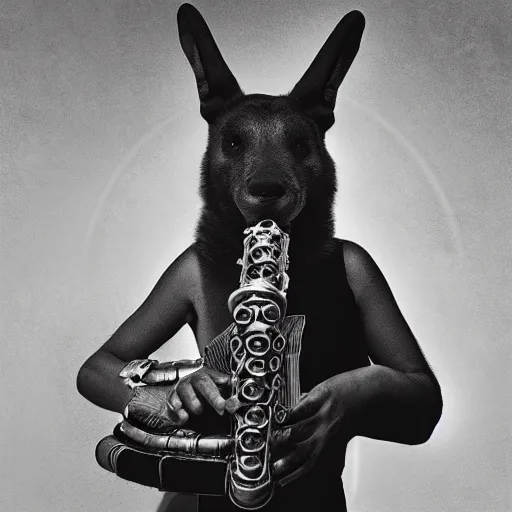 Image similar to Anubis playing a recorder, in the style of Lee Jeffries