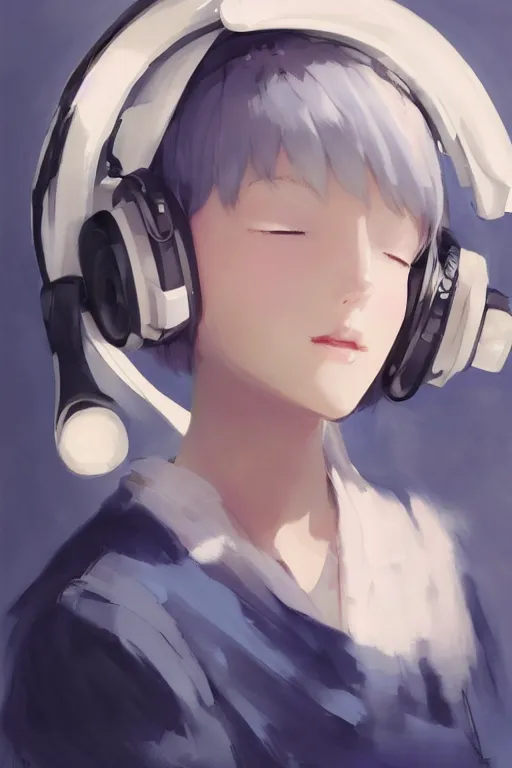 Prompt: a cute young woman listening to music with her eyes closed and wearing headphones in the style of Ilya Kuvshinov and Range Murata, white bob cut hair, freckles, blue filter, blue and white, vivid colors, soft lighting, cinematic, moody, nier automata, oil on canvas by Krenz Cushart, 8k