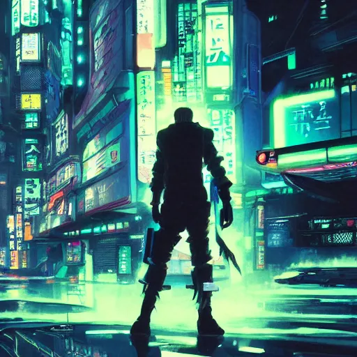 Image similar to japanese cyberpunk cyborg, wide shot, finely detailed features, glowing lights!, dramatic cinematic, night, at cyberpunk city, ghost in the shell, akira, noir, trending on pixiv fanbox, manga!, heavy metal!, painted by greg rutkowski makoto shinkai takashi takeuchi craig mullins, alphonse mucha, studio ghibli, pixiv