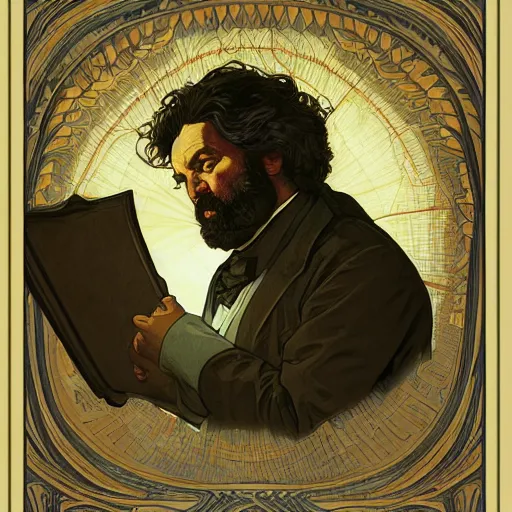 Image similar to Karl Marx pondering his orb, highly detailed, digital painting, artstation, concept art, smooth, sharp focus, illustration, art by todd lockwood and magalie villeneuve and alan lee and artgerm and greg rutkowski and alphonse mucha